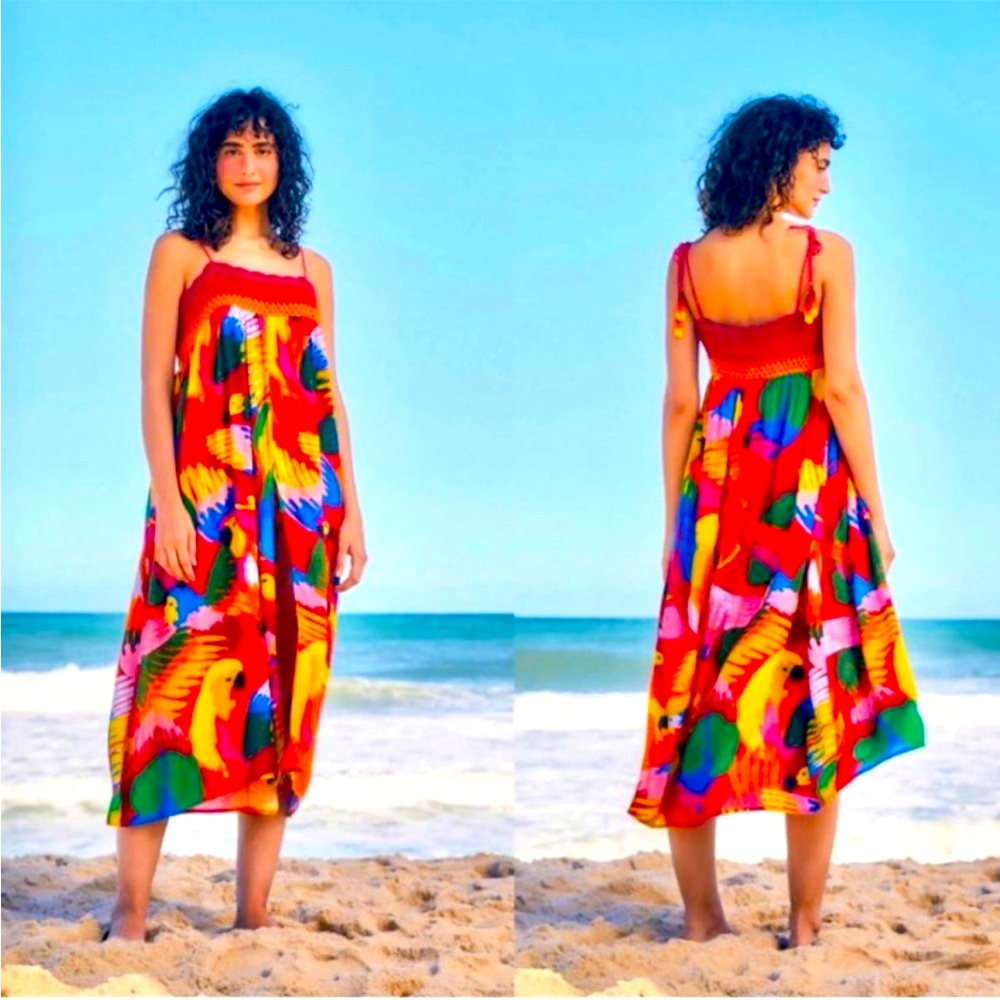FARM Rio McCaw Party Crochet Cover-Up Midi Dress Red Tropical Bird Size M